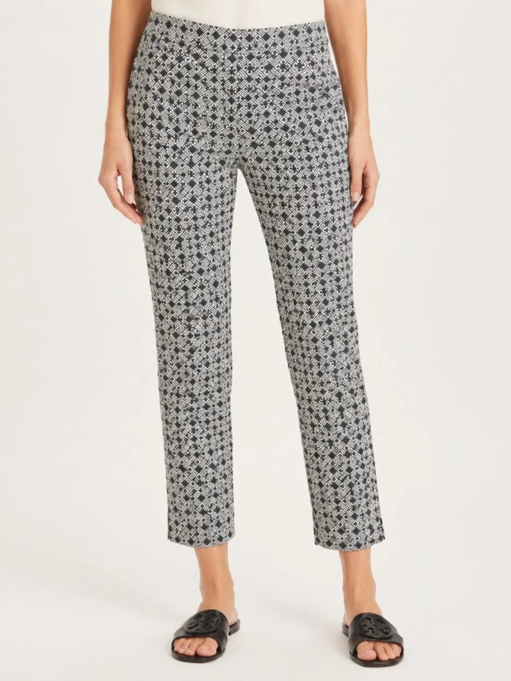 Tory Burch Callie Jacquard Crop Ankle Pants Ivory Black Size 10
